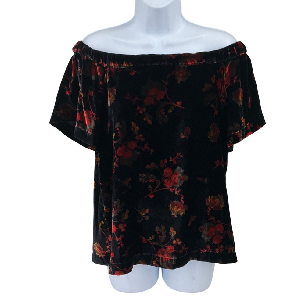 Loft Top Womens Small Black Floral Velvet Off Shoulder Boho Whimsigoth Vamp Goth